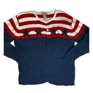 Tiara International Vintage Button Front Sweater Cardigan Red White Blue Medium